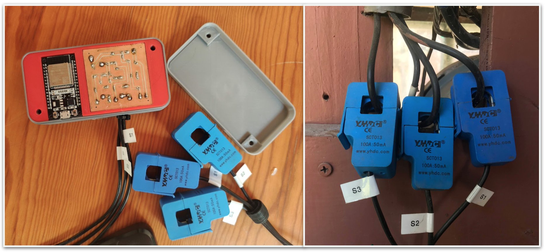 A photo of a DIY energy monitor using a current sensor.